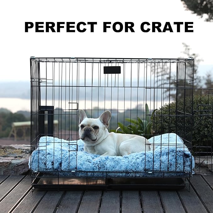 Bedfolks Waterproof Crate Bed With Removable Washable Cover, Plush Faux Fur Pad for Medium Dogs, Fluffy Kennel Bed 29"x21", Dark Blue