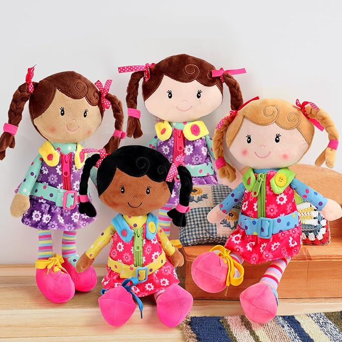 Sugar Snap Plush Doll for Toddlers Learn to Dress Montessori Toy - Dress Me Doll - Zipper, Snaps, Buttons, Buckle - Educational Toy for 2 3 Year Old Girl - Montessori Doll - 15" - Purple Dress