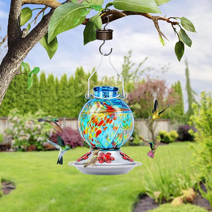 Hummingbird Feeder, BOLITE Glass Hummingbird Feeders for Outdoors Hanging, Hand Blown, with Ant Moat and Five Feeding Ports, Meshy Texture Ball Shape Bottle, 20 Ounces, Blue, Gifts for Women Men