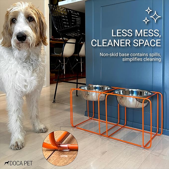 Wire & Dine Elevated Dog Bowls Stand for Medium & Large Sized Dogs - 2 Stainless Steel 8 Cup Dishes - Non-Skid, Modern Minimalist Design, Dishwasher Safe, Orange Frame Holder - Made in USA