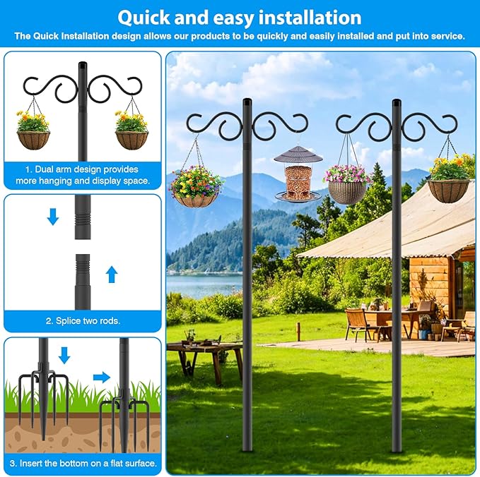 Adjustable Shepherd Hooks for Outdoor, 2 Pack 80 Inch 5 Prong Base Bird Two Sided Feeder Poles, Heavy Duty Shepherds Hook, Suitable for Garden in Hanging Flower Basket, Lantern, Bird Nests