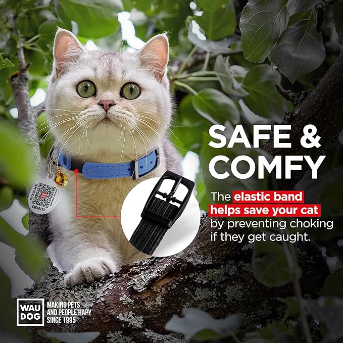 Leather Cat Collar with Bell and Safety Elastic Strap Breakaway Alternative for Small & Large Kittens, Stylish Pet Leather Collar for Boy, Girl Cats with Metal Buckle & QR ID Tag (Blue)