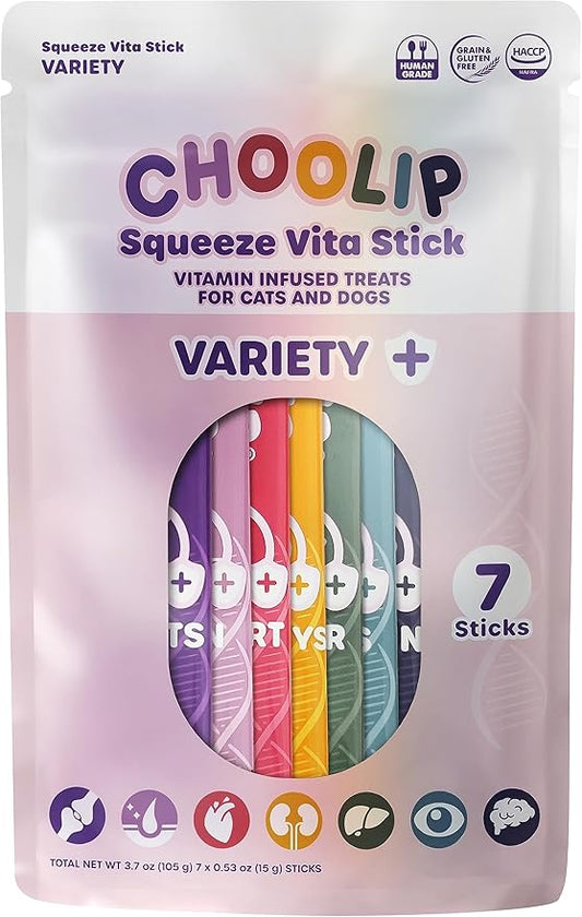 Choolip Squeeze Vita Stick Lickable Cat Treats & Dog Puree – 7-Count Variety Pack, Creamy Grain-Free Puree Treats with Multivitamins, Vet-Formulated for All Life Stages & Total Wellness