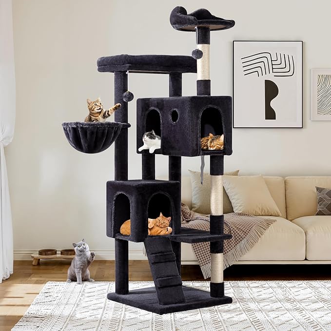 Allewie 64 Inches Cat Tree Tower/Multi-Level Activity Center for Indoor Big Felines/2 Plush Condos/2 Perchs/Basket/House/Sisal Scratching Posts/Hanging Cat Toys/Dark Grey
