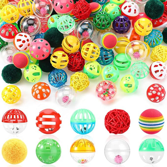 Hungdao 100 Pcs Cat Toys Bulk Plastic Small Crinkle Ball Assorted Cat Balls with Bell for Kitten Chase Pounce Rattle Play Toys, Assorted Color