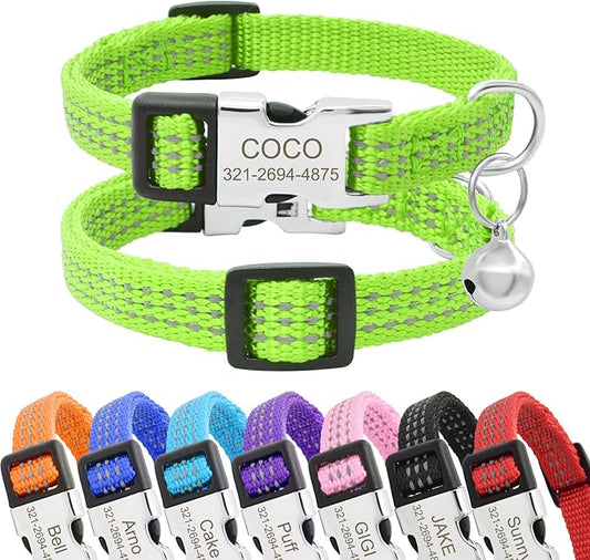 Personalized Reflective Nylon Cat Collar with Name Phone,Custom Engraved Buckle Cat Collar with Bell,Adjustable for Small Dogs Puppy Kitten (Green,fit 7.5''-12.0'')