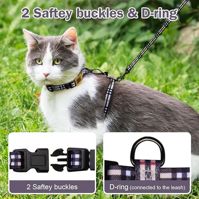 Hikiko Cat Harness and Leash Set Escape Proof Adjustable Walking Travel Soft Kitten Harness for Small Medium Large Cats (Khaki Plaid, S)