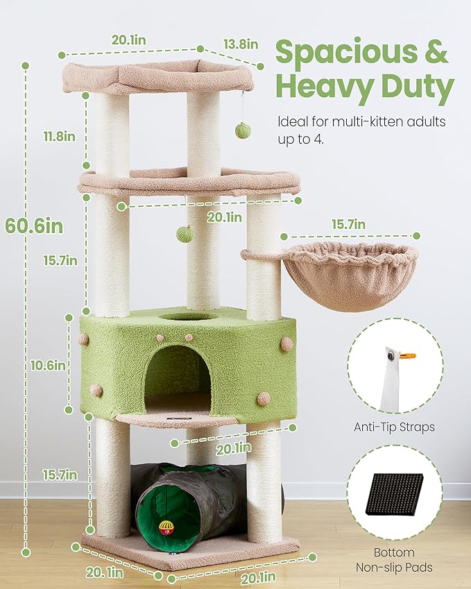 Cat Tree Tower for Indoor Cats Large Adult - Heavy Duty Extra Wide Scratching Post (φ4.4in) Maine Coon Condo House with Hammock Tunnel - 60 Inch XL Feline Bed Trees - Big Multi Level Cat Houses Stand