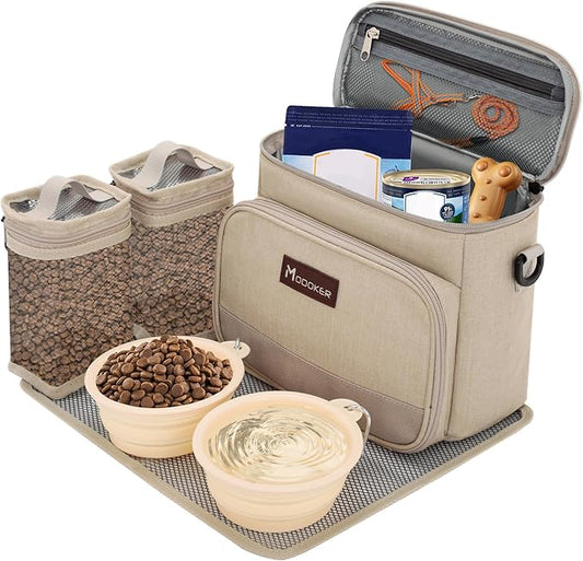 Modoker All-in-One Dog Travel Bag Airline Approved Pet Cat Tote Organizer for Weekend Trips, 2 Bowls, 2 Food Containers & Feeding Mat