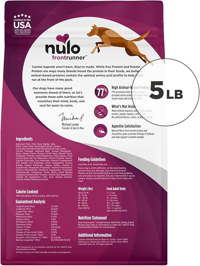 Nulo Frontrunner Ancient Grains High-Protein Dog Food, Pork, Barley, & Beef Recipe- Natural Dry Dog Food with Probiotics, Grain-Inclusive Kibble for Adult Dogs, 5 lb Bag