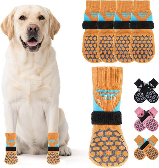 KOOLTAIL Dog Socks for Hot Pavement, Summer Breathable Dog Socks to Prevent Licking Paws, Non Slip Pet Boots&Paw Protectors for Hardwood Floor,Grippy Shoes for Small Medium Large Senior Dogs,Orange L