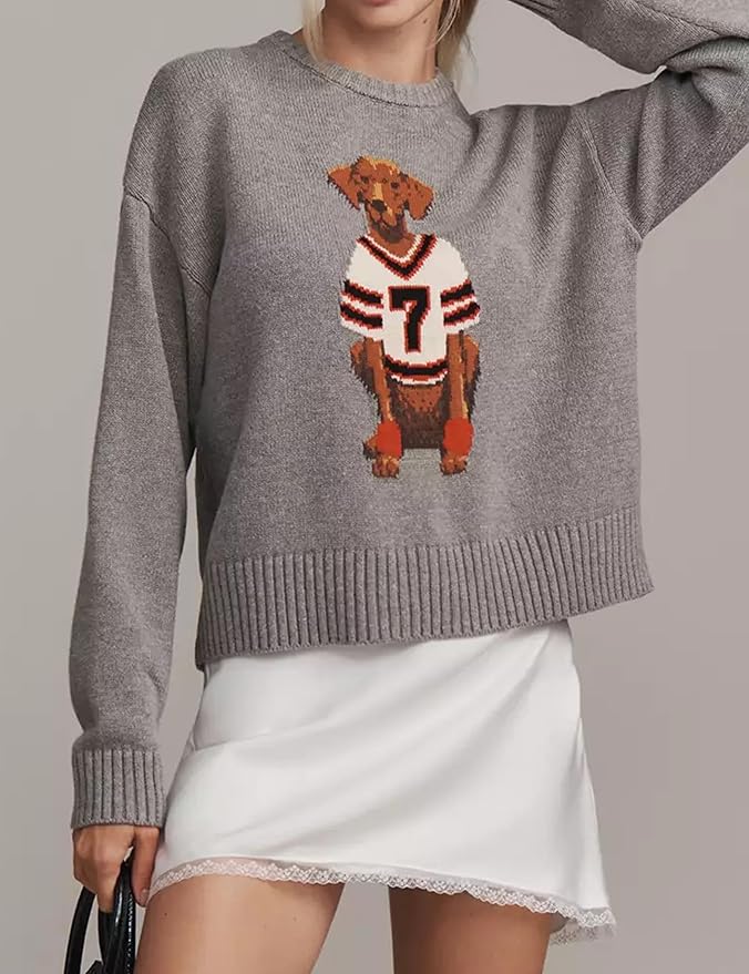 Dog Print Sweater for Women Cute Graphic Knit Pullover Tops Long Sleeve Crew Neck Trendy Fall Outfits 2025