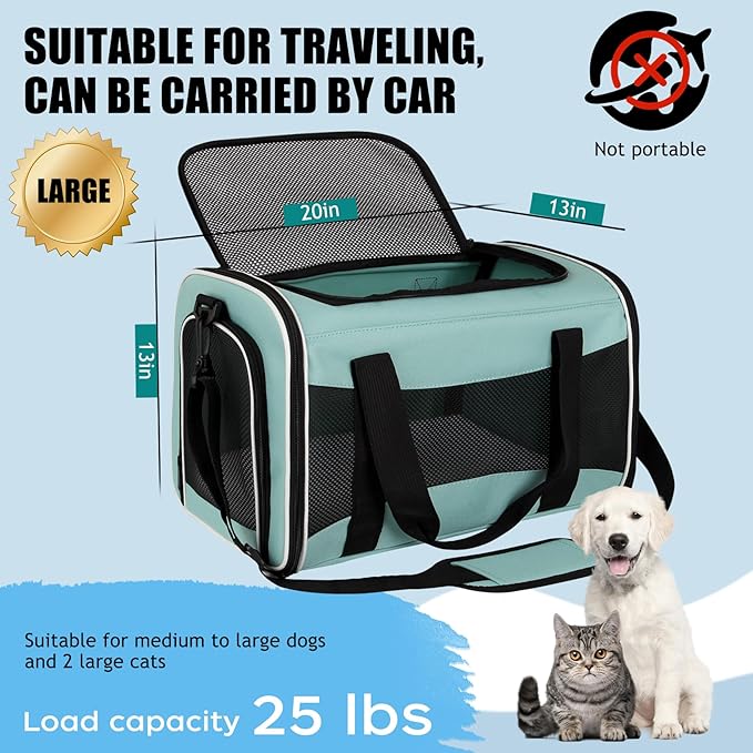 Carriers Soft-Sided Large Pet Carrier for Cats Dogs Small Animals Up to 25Lbs,Top Load Carrier,Ventilated Design,Portable Cat Carrier Airline Approved(X-Large,Green)