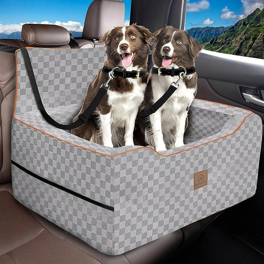 Large Dog Car Seat for Back Seat – Removable Dog Booster Seat & Washable Pet Car Seat for Medium & 2 Small Dogs up to 60lbs – Safety Straps & Storage Pocket – Travel & Home Use (Gray)
