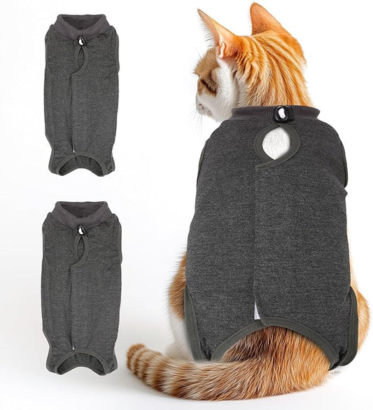 2 PCS Cat Recovery Suit for Spay Abdominal Wounds Female, Cat Onesie for Cats After Surgery, Pet Surgery Recovery Suit Kitten Onesie for Cats Anti Licking (Grey (2PCS), Small)