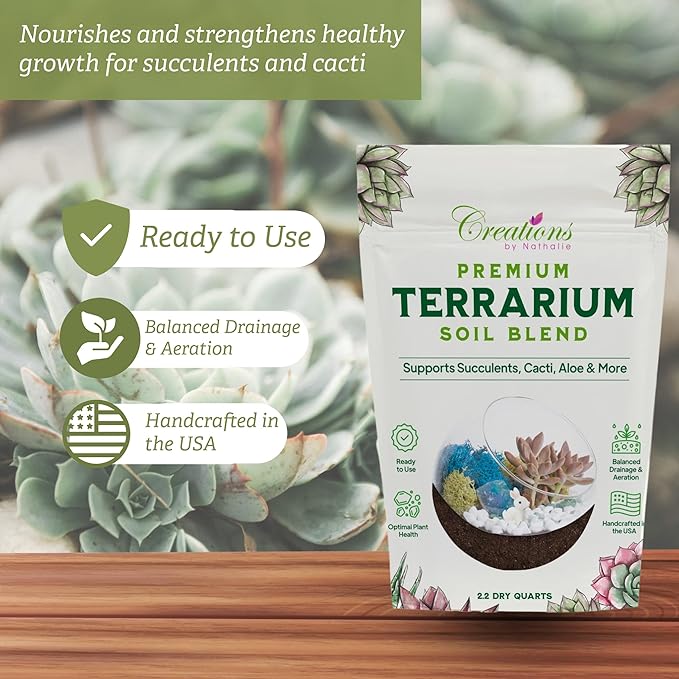 Terrarium Soil Blend - Well Draining Potting Soil for Live Succulents, Cactus, Aloe - Terrarium Supplies, Natural Pine Bark, Peat, Coarse Sand - Indoor Planting Mix Bag