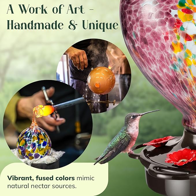 Hand Blown Glass Hummingbird Feeder for Outdoors All Season Use - 28 Fl. Oz. Leak Proof Hummingbird Feeder with Rust Proof Base - Includes Ant Moat, Ant & Bee Proof (Purple)