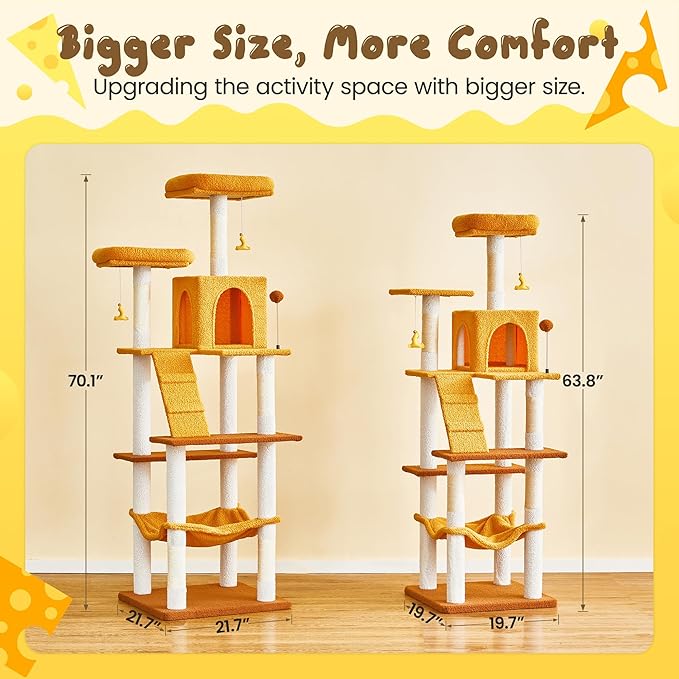MWPO Cat Tree, 70.1-Inch Tall Cat Tower for Indoor Cats Large Adult, Multi-Level Cat Condo with 5 Scratching Posts, 2 Padded Perches, Hammock, Dangling Toys, Yellow
