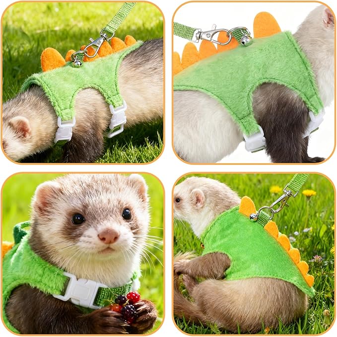 Ferret Harness and Leash Set Dinosaur Shaped Small Pet Harness and Leash Set with Safety Bell, Adjustable Vest for Ferret, Hedgehog, Guinea Pig, Rabbit and Other Small Animals