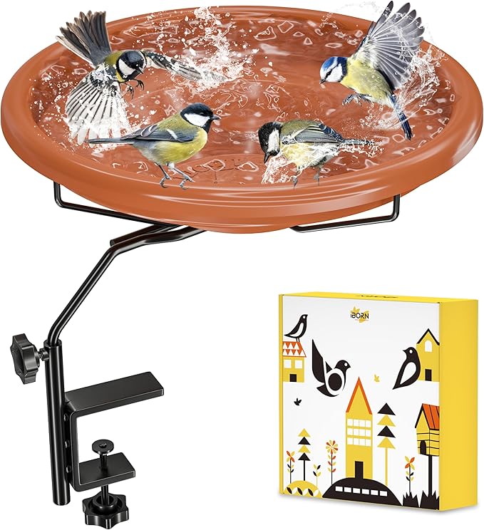iBorn Bird Bath for Outside,Deck Mounted Bird Bath 12in，Bird Baths for Outdoors with Adjustable Clamp 3.2in，BPA-Free Bowl，360°Swivel & Adjustable Height Bracket，Detachable Bird Bath, Pack of 1