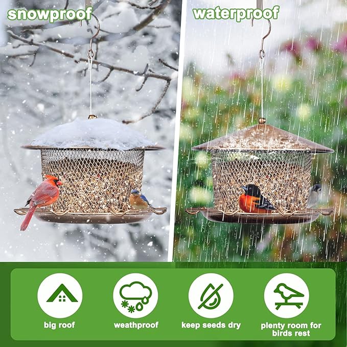 Bird Feeder for Outdoor, Weatherproof Rainproof All Metal Hanging Wild Bird Feeder with 9.8" Roof, 4.5 LBs Seeds Capacity, Easy to Clean & Refill