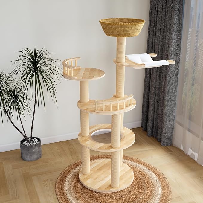 Modern Wood Cat Tree for Large Cats,Luxury Rattan Oak Cat Trees Towers，Rattan Cat Tree with Capsule &Hammock，3 Weaving Cat Nests & Washable, Sisal Scratching Posts, for Indoor Cats, (Large 02)