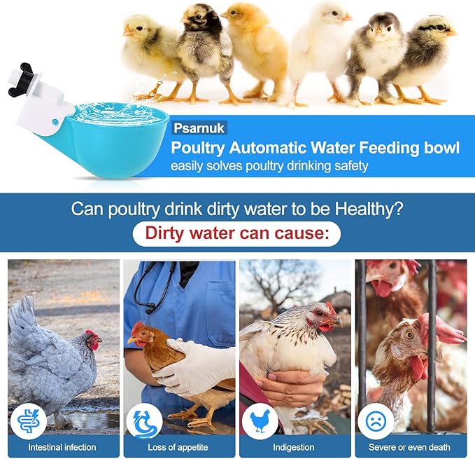 Chicken Waterer Cups (8 Pack/Light Blue) - DIY Automatic Large Chicken Water Feeder for Ducks,Chicks, Turkeys, Quail, Bunny, Bird and Other Various Poultry Dispenser with Matching Drill