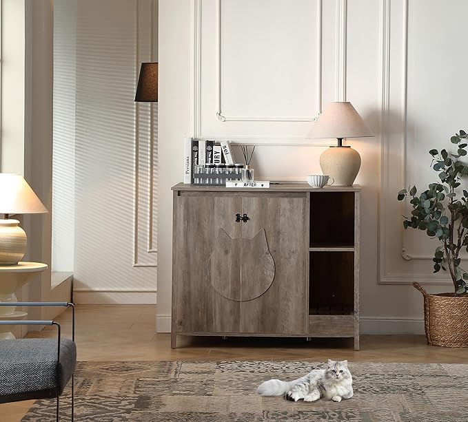 Cat-Faced Doors Cat Litter Robot Enclosure,Automatic Litter Box Enclosure for Litter Robot 3/4,Power Outlet for Litter Robot Cabinet,Litter Collector,Dog-Proof Adjustable Shelf,Grey