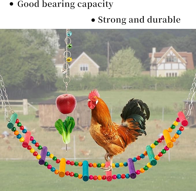 14PCS Chicken Toys for Coop Accessories, Swing Bridge Ladder Mirror Xylophone Toys with Bells Hanging String Vegetable Fruits Skewer Hanging Feeder Chicken Chewing Toy for Hens Chick Bird Parrot