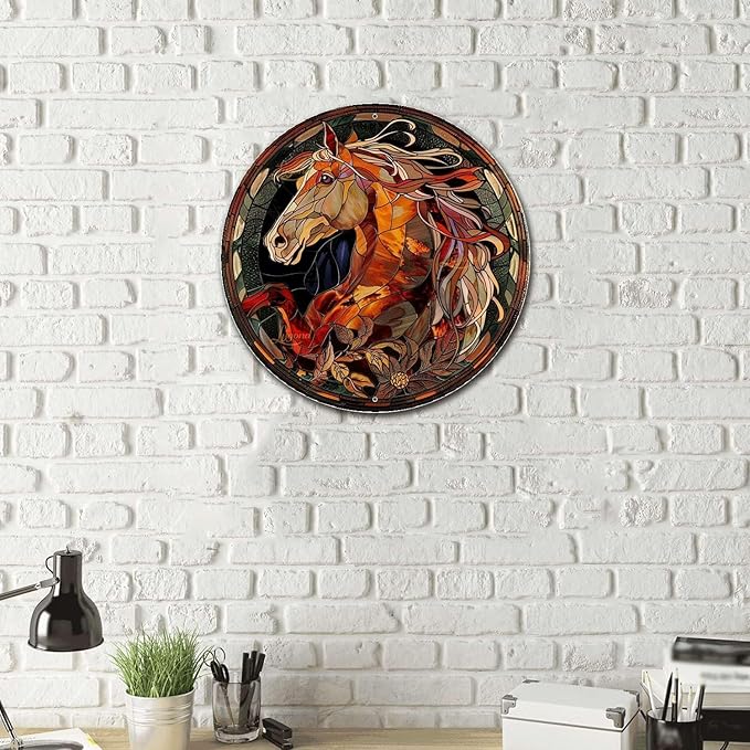 Lygond Metal Sign Tin Sign Circular Stained Glass Horse Metal Signs Vintage for Restaurant 12×12 Inches