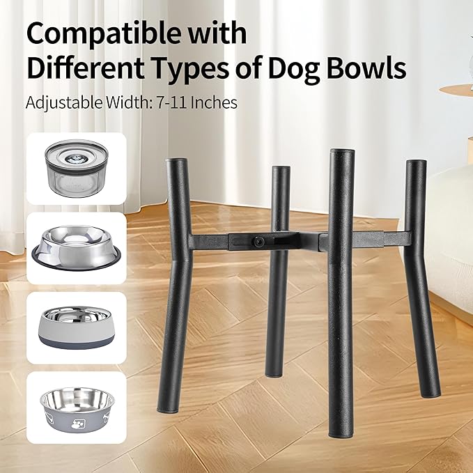 Lifted Dog Bowl Stand - Without Bowls, Single Raise Pet Food Table Adjustable Wide 7-11", Tall 10" - Bowl Stand Size Optional, Dog Bowls Holder Elevated for Small Medium Large Dogs Breed