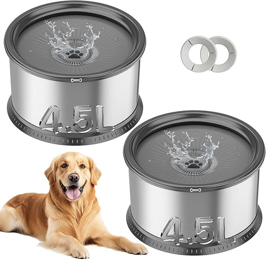 2PCS Dog Water Bowls for Multiple Pets, 4.5L/152oz No Spill Stainless Steel Slow Drinking Water Bowls with Anti-Slip Mat, Splash Proof Pet Bowl for Sloppy Messy Drinkers, Medium Large Dogs