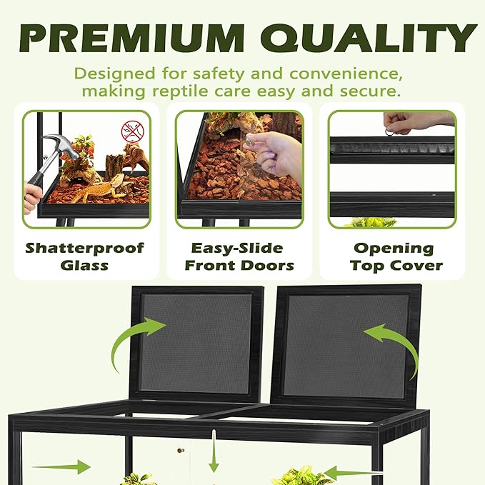 PROLEE Bearded Dragon Tank with Leg,Tempered Glass Lizard Tanks and Reptile Enclosure,Up to 78 Gallon Reptile Tank with Metal Mesh and Lockable Door for Snakes,Chameleon (Black, 78Gallons,48inch)