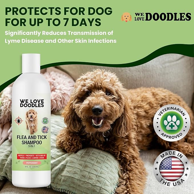 We Love Doodles Flea Shampoo for Dogs - Stops Fleas & Ticks for Dogs, Natural, Safe & Effective Lice Treatment, Soothing Shampoo for Sensitive Skin, Made in USA (8 fl oz)