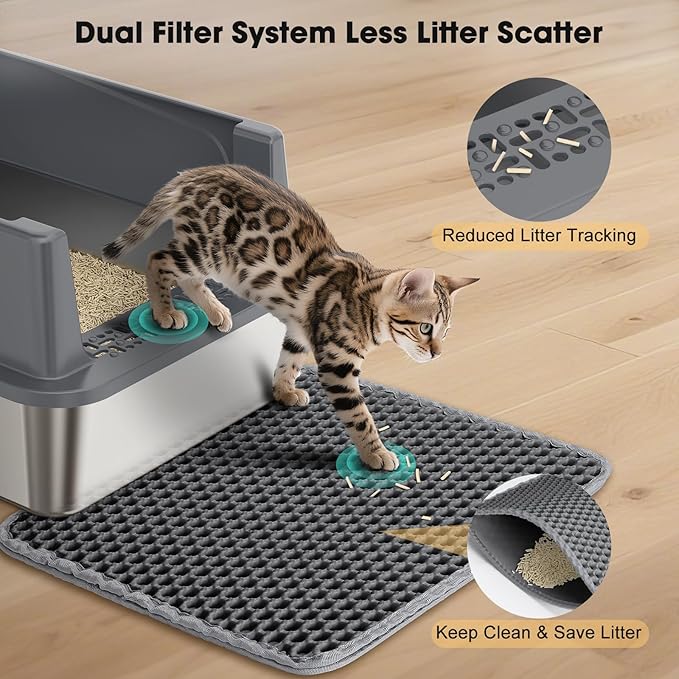 FURTIME Stainless Steel Cat Litter Box with Lid – High-Sided Metal Litter Pan for Small Cats, Kitty Litter Box Non-Stick, Odor-Resistant, Anti-Urine Leakage, Easy to Clean, Includes Scoop and Mat