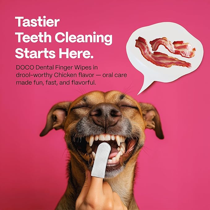 DOCO Dog Teeth Cleaning Wipes Dental Finger Wipes for Cats & Dogs Remove Plaque & Tartar, Freshen Breath, No Rinse, Easy & Effective Pet Tooth Cleaning Kit for Oral Care, Bacon Flavor, 50 Count