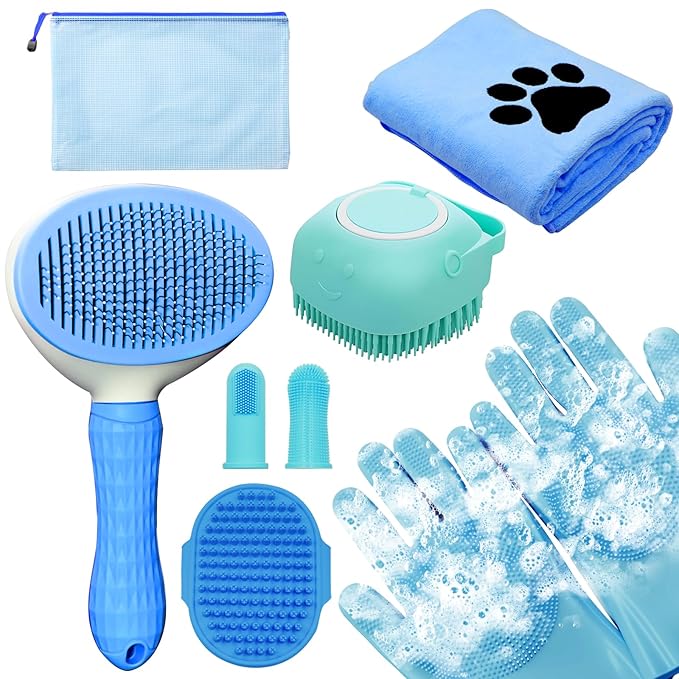 Dog Grooming Kit for Shedding – 8-Piece Pet Grooming Supplies with Deshedding Brush, Bath Gloves, Towels & Silicone Toothbrush | Ideal for Dogs, Cats, Small and Large Pets (Blue)