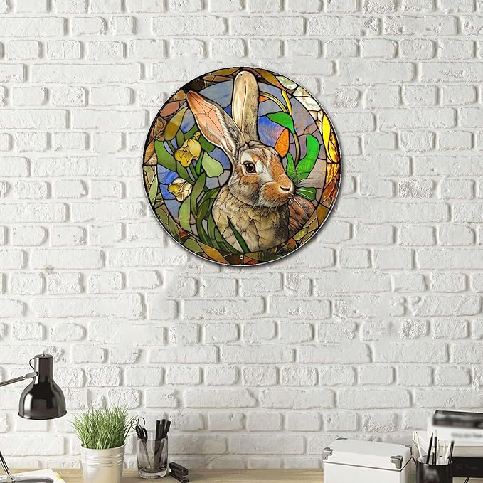 Lygond Metal Sign Tin Sign Circular Stained Glass Rabbit Metal Garden Sign for Pet 12×12 Inches