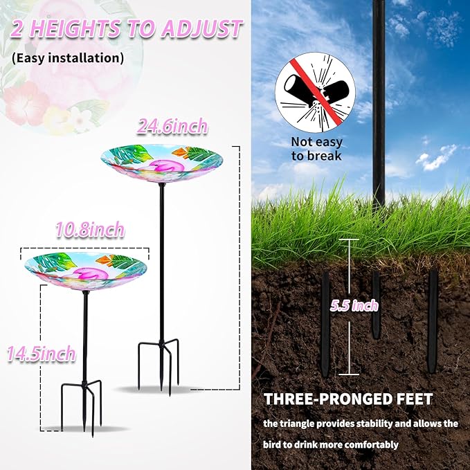MUMTOP Bird Baths for Outdoors, Glass Bird Bath Stake, Flamingo Birdbaths & Support, Bee Baths for Garden, Outside, Lawn, Outdoor Decor