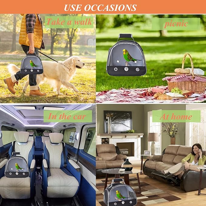 Bird Carrier with Stand & Tray, Small Bird Travel Cage for Parrot & Parakeet, Shoulder Strap - Black