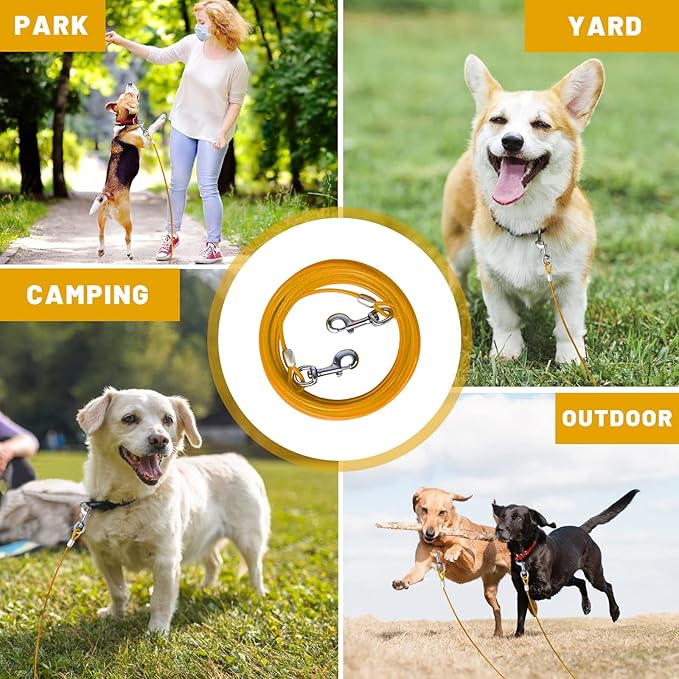 Dog Tie Out Cable 10/15/20/25/30 FT Runner for Yard Steel Wire Cable with Durable Superior Clips Yellow Chains for Outside Dog Lead for Large Up to 165 Lbs