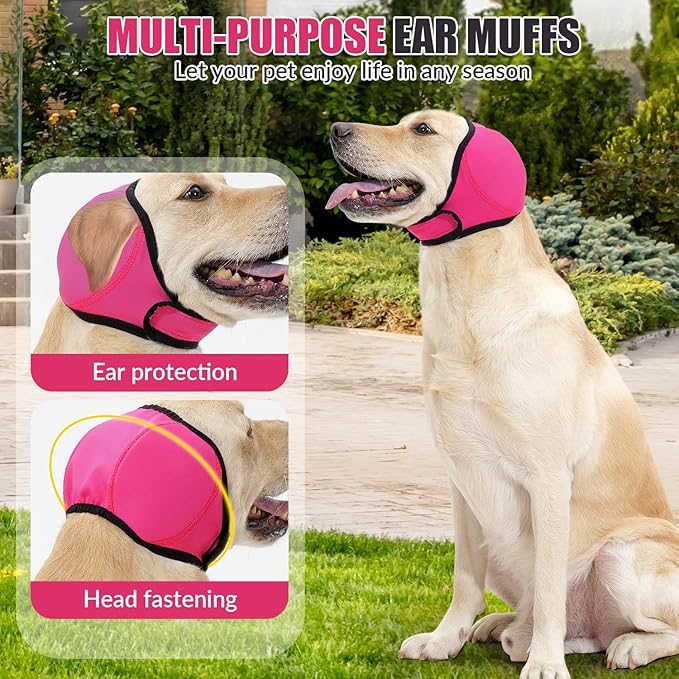SlowTon Quiet Ears Dog Hoodie - 2 Pcs Ear Wrap Dog Ear Muffs Noise Protection, Anxiety Relief Dogs Hat Calming Hood Head Cover, Pet Headband Dogs Ear Protector for Grooming, Force Drying (Pink,M)
