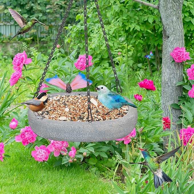 Bird Bath for Outside, Hanging Bird Water Feeder Bowl with Vintage Butterfly Statue, Outdoor Resin Birdfeeder Birdbath for Garden Yard Patio Decor (Ellipses+Butterfly)
