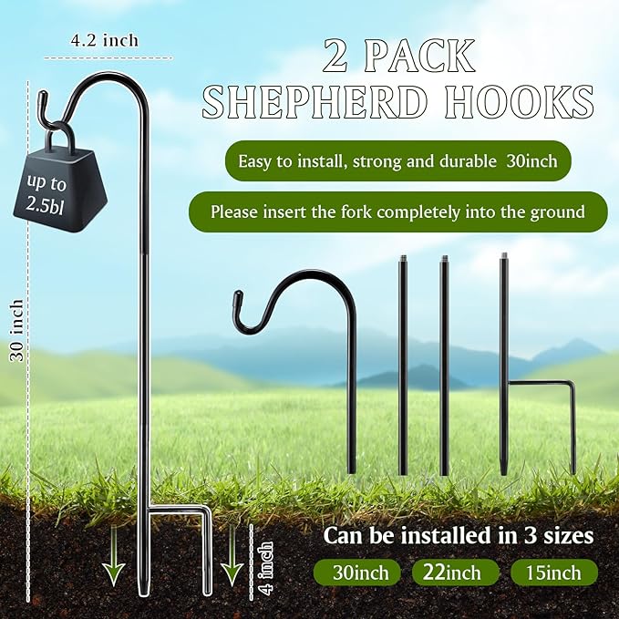 2 Pcs 30 Inch Shepherds Hook for Outdoor Adjustable Bird Feeder Pole Metal Steel Shepard Hooks for Hummingbird Stand Feeder Pole for Garden Plant, Lantern, Hanging Wedding Decor