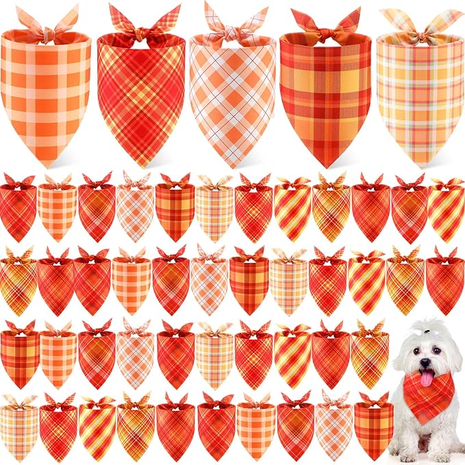 Weewooday 50 Pcs Fall Dog Bandanas Bulk Plaid Bandanas for Dogs Autumn Soft Doggie Bibs Adjustable Triangle Scarves for Small Medium Large Pet Costume(Plaid Pattern, 19.7 x 13.8 x 13.8 Inch)