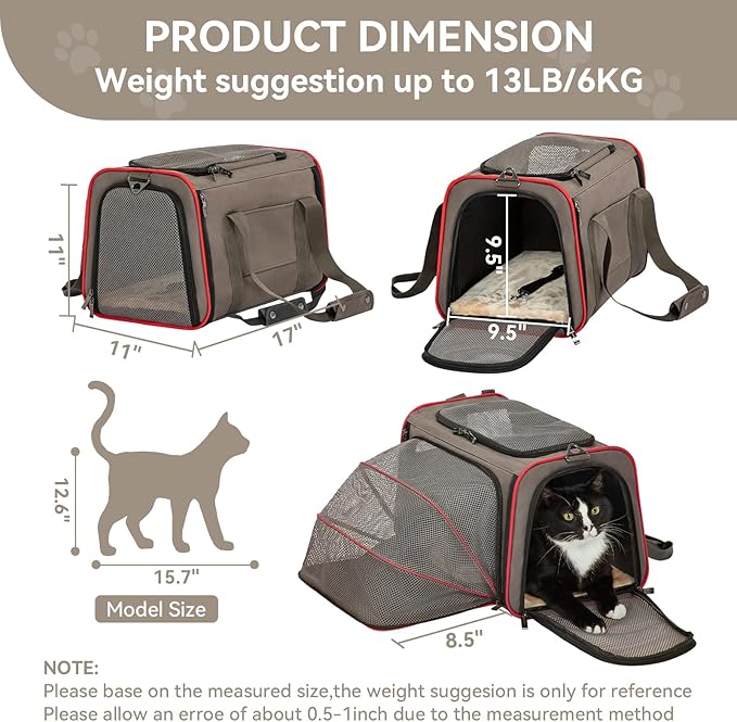 Petsfit Expandable Cat Carrier Dog Carriers,Airline Approved Soft-Sided Portable Pet Travel Washable Carrier for Kittens,Puppies,Removable Soft Plush mat and Pockets,Locking Safety Zippers