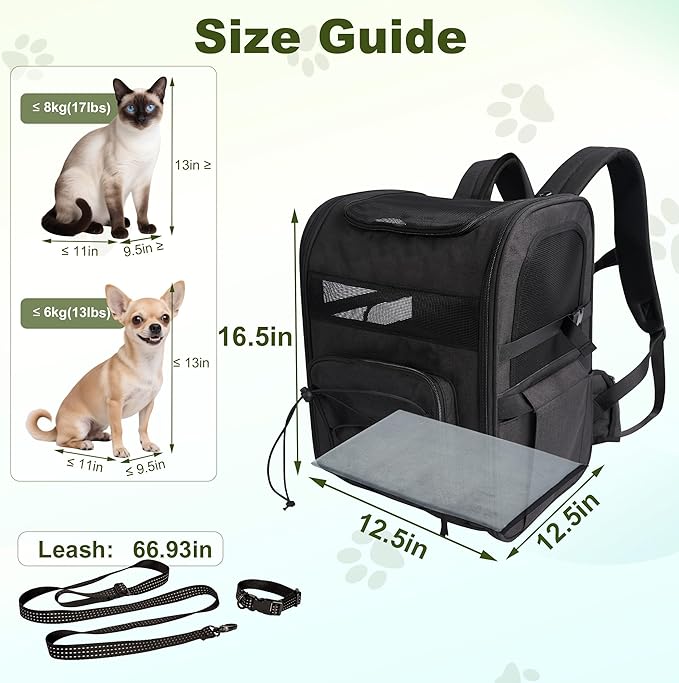 Dog Carrier Backpack for Small Dogs - Breathable Mesh Hiking Bag with Safety Buckle, Adjustable Straps and Standard Pad - Durable for Hiking (Fits Small Cats Too, Up to 17lbs, Black)