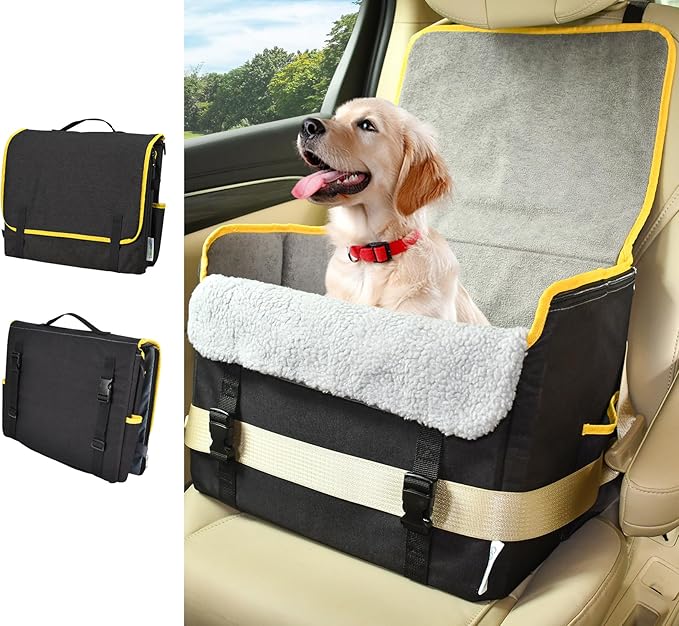 JESPET & GOOPAWS Dog Car Seat, Portable Dog Car Travel Bed with Clip-On Safety Leash, Briefcase Shape Waterproof Dog Booster Car Seat, Suitable for Pets Up to 25lbs