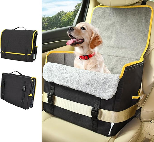 JESPET & GOOPAWS Dog Car Seat, Portable Dog Car Travel Bed with Clip-On Safety Leash, Briefcase Shape Waterproof Dog Booster Car Seat, Suitable for Pets Up to 25lbs