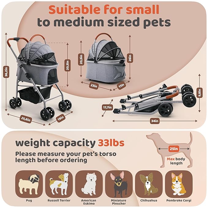 Pet Stroller for Small Medium Dogs & Cats – 2-in-1 Detachable Carrier, Zipperless Entry, Lightweight Folding Travel Stroller with Storage Basket, Cup Holder, Gray